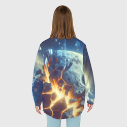 Рубашка с принтом Взрыв планеты - космос от нейросети для любого человека, вид сзади №2. Цвет основы: белый