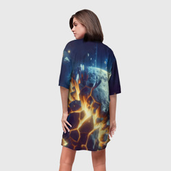 Платье с принтом Взрыв планеты - космос от нейросети для женщины, вид на модели сзади №2. Цвет основы: белый