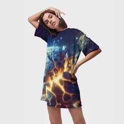 Платье с принтом Взрыв планеты - космос от нейросети для женщины, вид на модели спереди №2. Цвет основы: белый