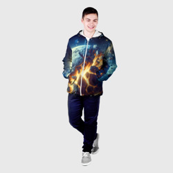 Куртка с принтом Взрыв планеты - космос от нейросети для мужчины, вид на модели спереди №2. Цвет основы: белый