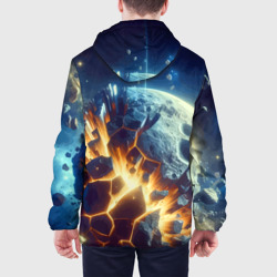 Куртка с принтом Взрыв планеты - космос от нейросети для мужчины, вид на модели сзади №2. Цвет основы: белый