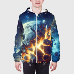 Куртка с принтом Взрыв планеты - космос от нейросети для мужчины, вид на модели спереди №3. Цвет основы: белый