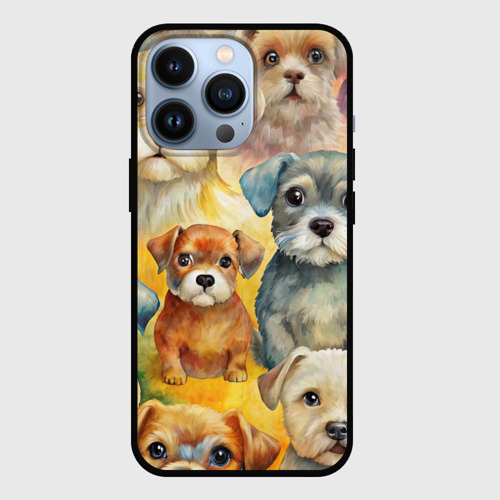 Чехол для iPhone 13 Pro с принтом Красочный паттерн с щенками, вид спереди №1