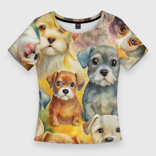 Женская приталенная футболка с принтом Красочный паттерн с щенками, вид спереди №1