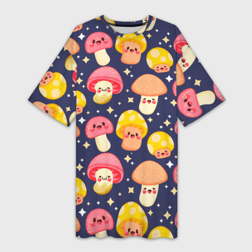 Платье-футболка с принтом Веселые грибочки  паттерн, вид спереди №1