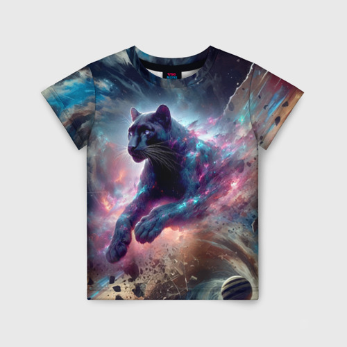 Детская футболка с принтом Космическая пантера - нейросеть, вид спереди №1