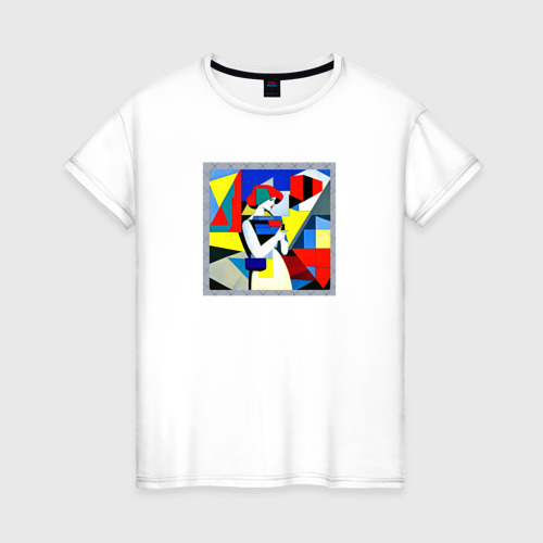 Женская футболка из хлопка с принтом Девушка с телефоном в абстрактном стиле, вид спереди №1
