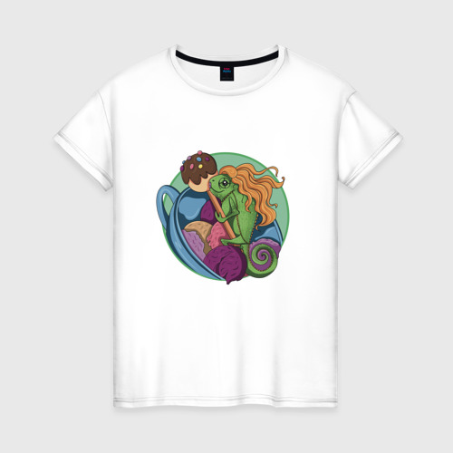Женская футболка из хлопка с принтом Хамелеон сладкоежка, вид спереди №1