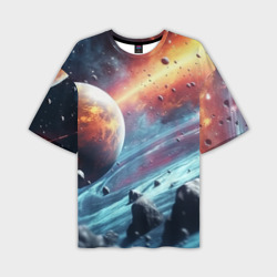 Объемный космос и  планеты – Мужская футболка oversize 3D с принтом купить со скидкой в -50%