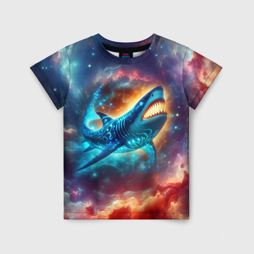 Детская футболка с принтом Космическая неоновая акула - нейросеть, вид спереди №1
