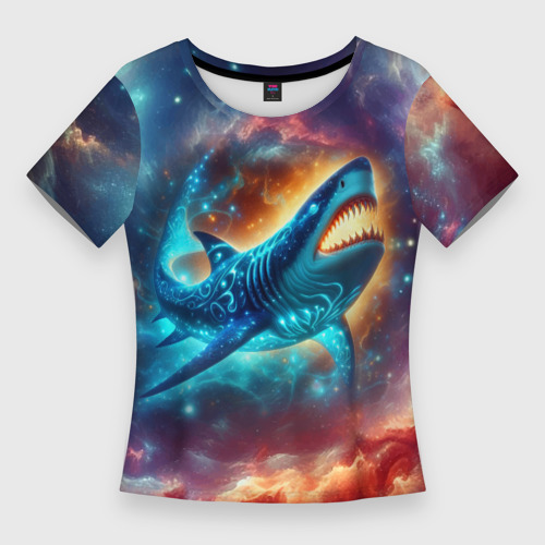 Женская приталенная футболка с принтом Космическая неоновая акула - нейросеть, вид спереди №1