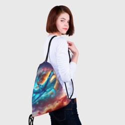 Рюкзак с принтом Космическая неоновая акула - нейросеть для любого человека, вид спереди №4. Цвет основы: белый