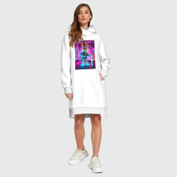 Платье с принтом Neon Bart - with skateboard  ai art fantasy для женщины, вид на модели спереди №3. Цвет основы: белый