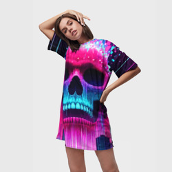 Платье с принтом Pixel skull blast brain - cyber city ai art для женщины, вид на модели спереди №2. Цвет основы: белый