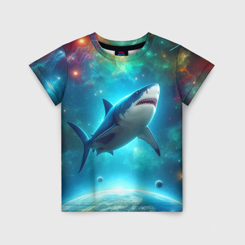 Детская футболка с принтом Большая белая акула в космическом пространстве, вид спереди №1