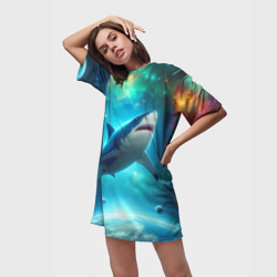 Платье с принтом Большая белая акула в космическом пространстве для женщины, вид на модели спереди №2. Цвет основы: белый