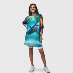 Платье с принтом Большая белая акула в космическом пространстве для женщины, вид на модели спереди №3. Цвет основы: белый