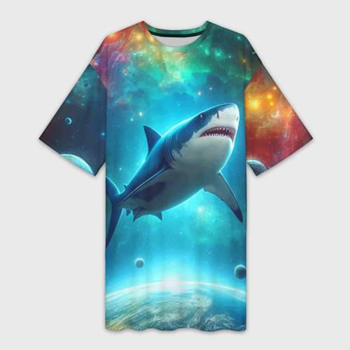 Платье-футболка с принтом Большая белая акула в космическом пространстве, вид спереди №1