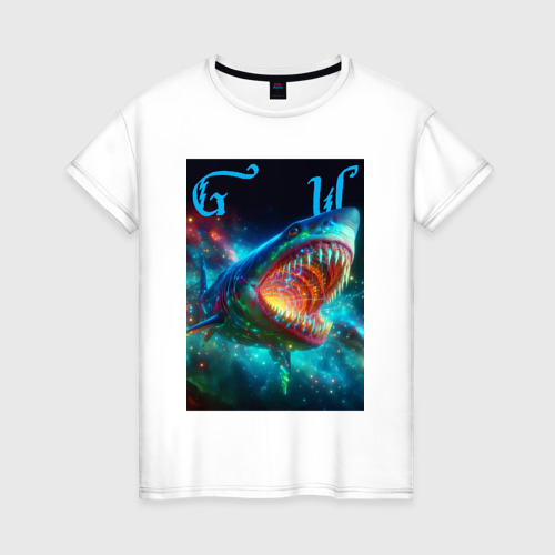 Женская футболка из хлопка с принтом Great white space shark - ai art, вид спереди №1