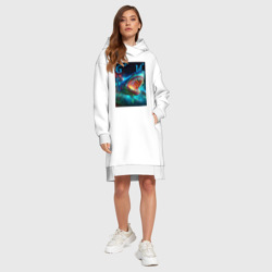 Платье с принтом Great white space shark - ai art для женщины, вид на модели спереди №3. Цвет основы: белый