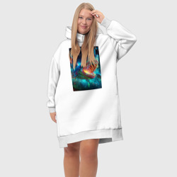 Платье с принтом Great white space shark - ai art для женщины, вид на модели спереди №4. Цвет основы: белый