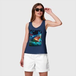 Майка с принтом Great white space shark - ai art для женщины, вид на модели спереди №2. Цвет основы: темно-синий