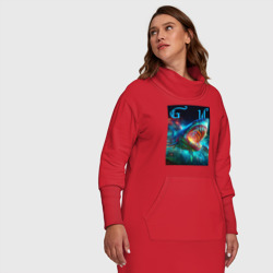 Платье с принтом Great white space shark - ai art для женщины, вид на модели спереди №5. Цвет основы: красный