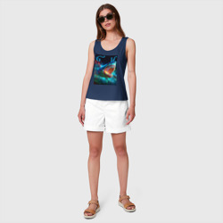 Майка с принтом Great white space shark - ai art для женщины, вид на модели спереди №3. Цвет основы: темно-синий