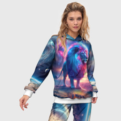 Костюм с принтом Space lion - ai art fantasy для женщины, вид на модели спереди №2. Цвет основы: белый