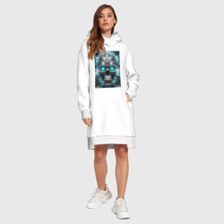 Платье с принтом Electrified cyber skull - ai art fantasy для женщины, вид на модели спереди №3. Цвет основы: белый