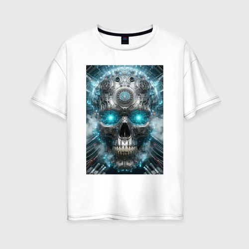 Женская футболка из хлопка оверсайз с принтом Electrified cyber skull - ai art fantasy, вид спереди №1