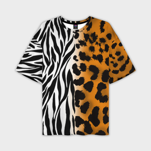 Мужская футболка оверсайз с принтом Леопардовые пятна с полосками зебры, вид спереди №1