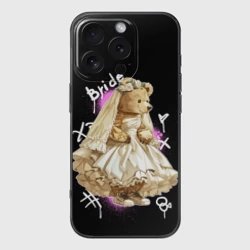 Чехол для iPhone 16 Pro силиконовый с защитой камеры Невеста - медведь