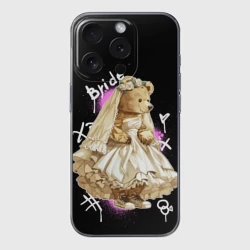 Чехол для iPhone 15 Pro силиконовый с защитой камеры Невеста - медведь