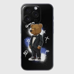 Чехол для iPhone 16 Pro Max силиконовый с защитой камеры Жених - медведь