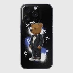 Чехол для iPhone 15 Pro силиконовый с защитой камеры Жених - медведь