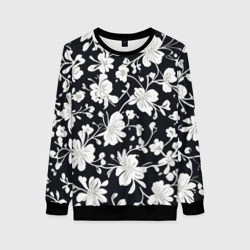 Женский свитшот 3D Патерн белых цветов на черном фоне