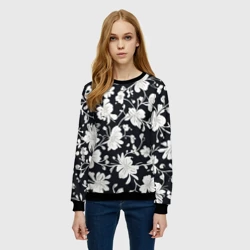 Женский свитшот 3D Патерн белых цветов на черном фоне - фото 2