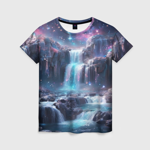 Женская футболка с принтом Волшебный ночной водопад, вид спереди №1
