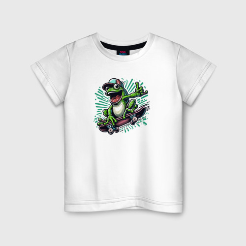Детская футболка из хлопка с принтом Лягушка на скейтборде, вид спереди №1
