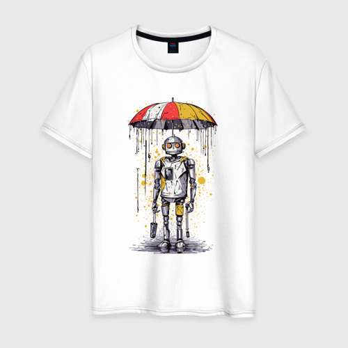 Мужская футболка из хлопка с принтом Одинокий робот под зонтом, вид спереди №1