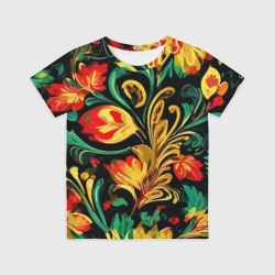 Детская футболка 3D Хохлома акварель