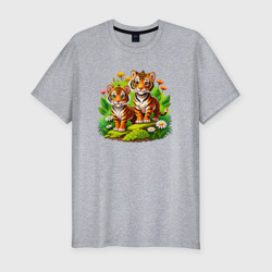 Два тигрёнка в траве – Мужская футболка хлопок Slim с принтом купить