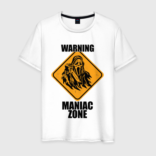Мужская футболка из хлопка с принтом Предупреждающий знак Maniac zone, вид спереди №1