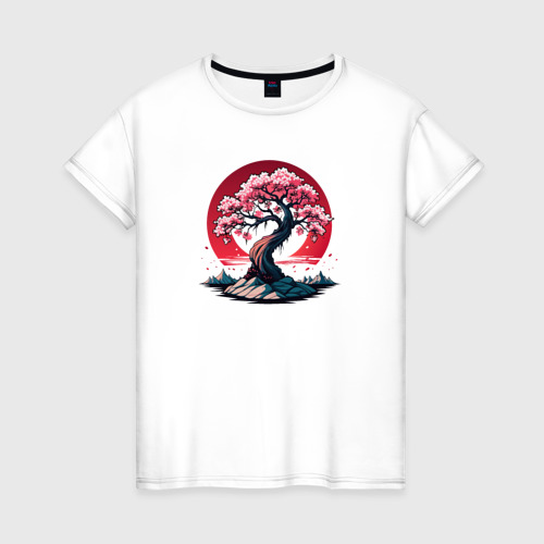 Женская футболка из хлопка с принтом Цветение сакуры на фоне восхода солнца, вид спереди №1
