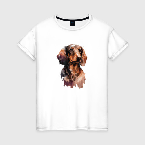 Женская футболка из хлопка с принтом Такса милая собачка, вид спереди №1
