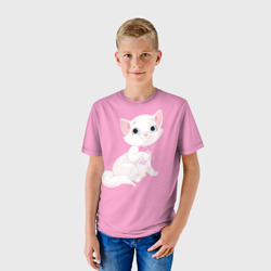 Футболка с принтом Белая очаровательная кошечка с розовым бантиком для ребенка, вид на модели спереди №2. Цвет основы: белый