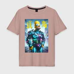 Homer Simpson - neon glow ai art – Мужская футболка хлопок Oversize с принтом купить со скидкой в -16%