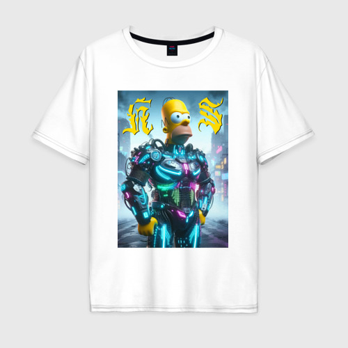 Мужская футболка из хлопка оверсайз с принтом Homer Simpson - neon glow ai art, вид спереди №1