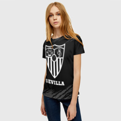 Футболка с принтом Sevilla sport на темном фоне для женщины, вид на модели спереди №2. Цвет основы: белый